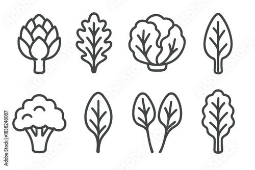 Eight simple outline icons of various leafy greens and vegetables