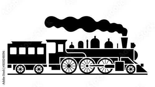 A classic steam locomotive with a passenger car emits billowing smoke as it travels along the tracks.