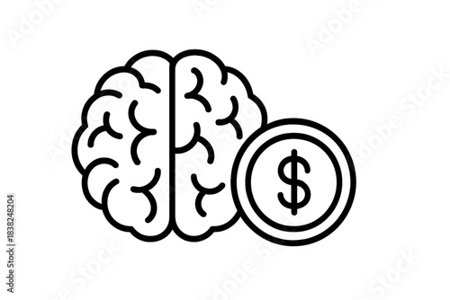 Brain and dollar coin simple line icon concept