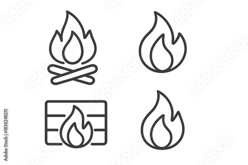 Four basic line icons depicting fire and heat sources
