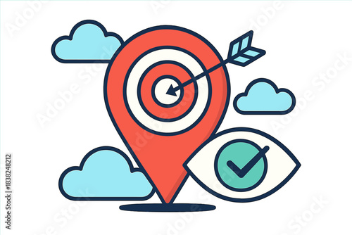 Map pin target success with vision checkmark icon and sky elements