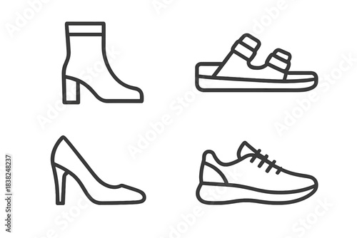 Four outline icons depicting various types of footwear and shoes