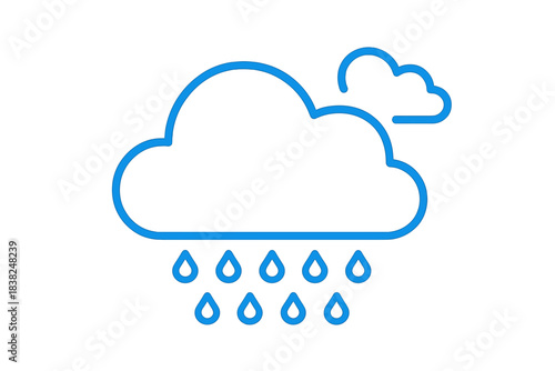 Simple blue line icon of rain clouds and falling water drops