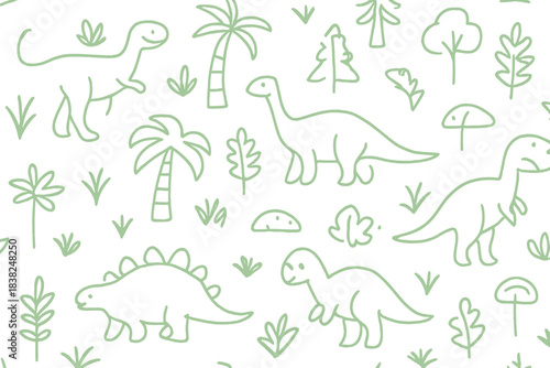 Cute seamless pattern with simple line art dinosaurs and tropical foliage