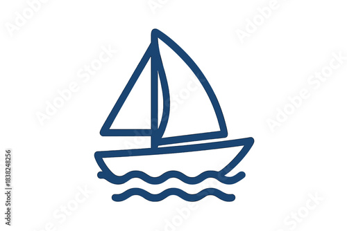Minimalist dark blue line art icon representing a sailboat on wavy water