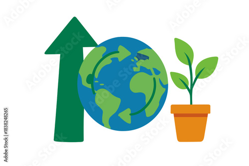 Global growth concept with upward arrow and seedling plant