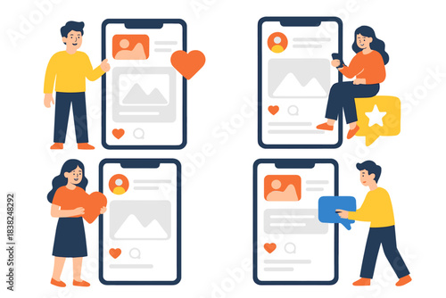 Diverse people interacting with mobile social media application interfaces showing engagement