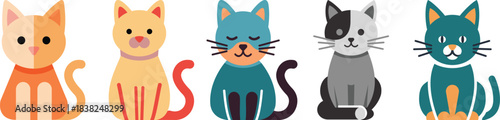 Five Stylized Cartoon Cats in Different Colors Sitting Side By Side kitten feline
