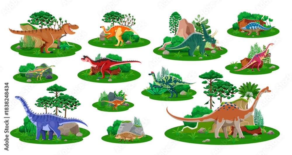 Naklejka premium Prehistoric dinosaur cartoon characters. Vector set of animal Jurassic nature landscapes. Ancient reptile species on green forest backgrounds. Funny wild creatures spikes, horns, long necks and tails