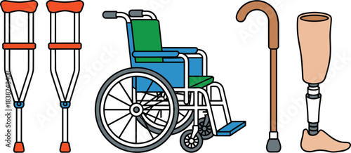 Medical mobility aid vector set featuring crutches, wheelchair, walking cane, and prosthetic leg in clean illustrative style.
