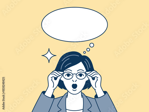 A woman in a suit looking through her glasses with an expression of surprise or realization, accompanied by a thought bubble.