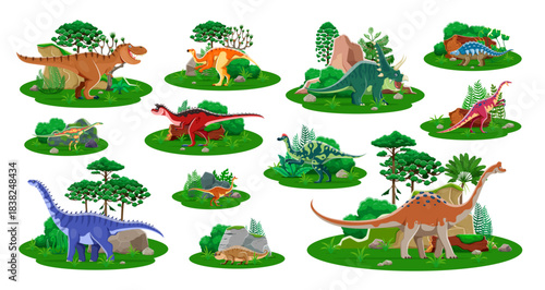 Prehistoric dinosaur cartoon characters. Vector set of animal Jurassic nature landscapes. Ancient reptile species on green forest backgrounds. Funny wild creatures spikes, horns, long necks and tails