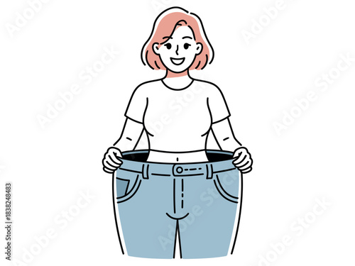 A smiling woman proudly displays her significant weight loss by holding up a pair of oversized pants.