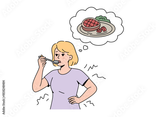 A woman eating with a spoon while dreaming of a delicious steak and vegetables on a plate.