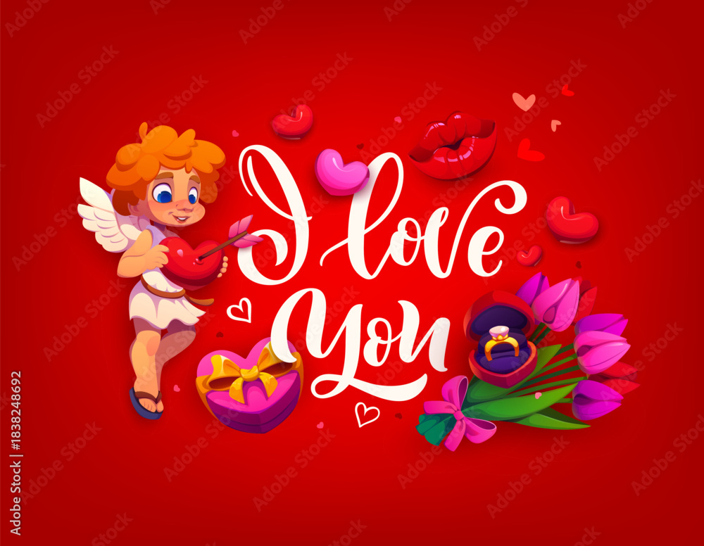 Naklejka premium I Love You Valentine day quote and greeting card with cupid cherub, vector background. Valentine day or love holiday greeting card, cute cupid angel with heart and arrow, wedding ring and flowers