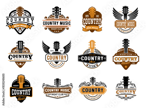Country music icons of vector guitars with wings and picks, ribbon banners and stars. Western country music concert and festival isolated icons set. Night club, bar and old american saloon badges