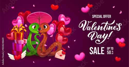 Valentine day sale banner with cute lovely snakes. Romantic advertisement featuring two cartoon snakes wrapped together under a pink umbrella, surrounded by heart balloons, love letters and gift boxes