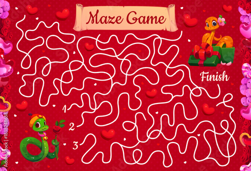Labyrinth maze game with valentine snakes and hearts. Vector romantic riddle for children activities with tangled path, cartoon cute snake holding a rose, trying to reach another snake in a gift box