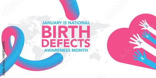 National Birth Defects Awareness Month concept. Banner with pink and blue ribbon awareness and text. Vector illustration. January awareness month