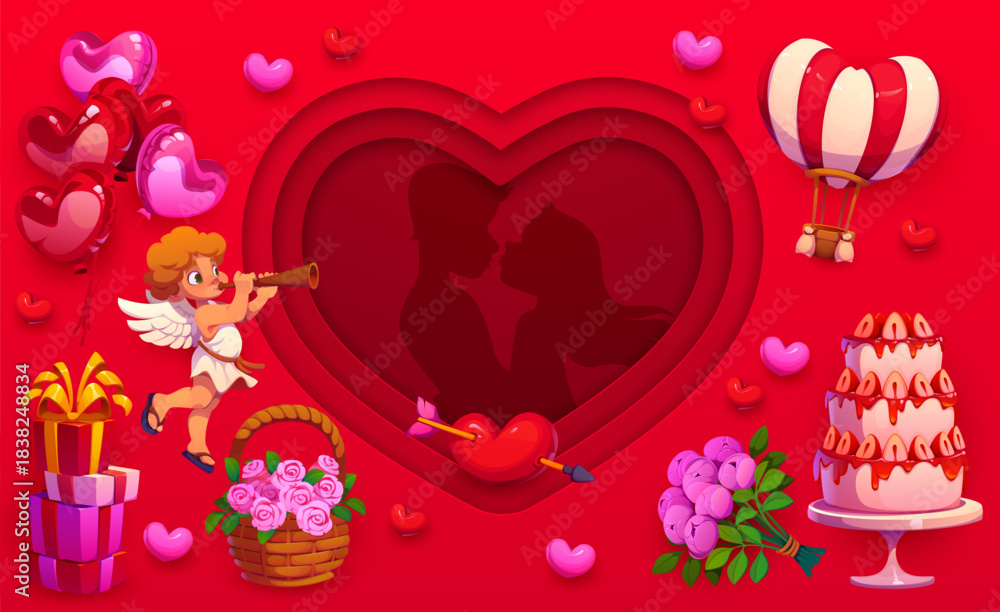 Obraz premium Valentine day paper cut greeting card with cupid and couple silhouette in heart, vector poster. Valentine day holiday greeting card with paper cut heart, wedding cake and flowers with heart balloons