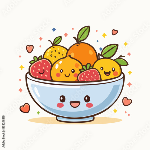 Cute Fruit Salad Bowl with Happy Faces - Vector Illustration
