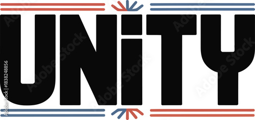 Black unity text with red and blue decorative lines word lettering