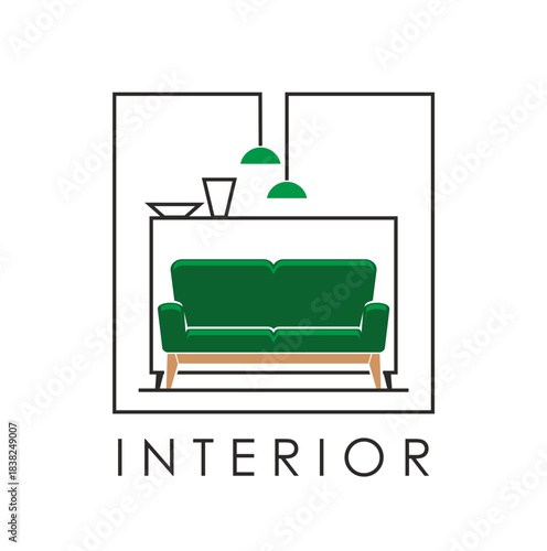 Home interior decor and furniture emblem vector icon. Cozy living room interior with green couch sofa, decorative lamps and minimalist wall art. Comfort, elegance and contemporary furniture symbol