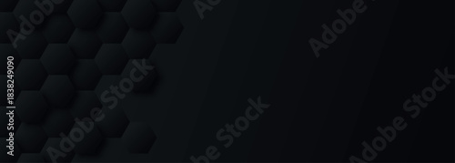 Black abstract background with modern and futuristic 3D hexagon shape decoration. Honeycomb style background concept for banners, flyers, and websites.
