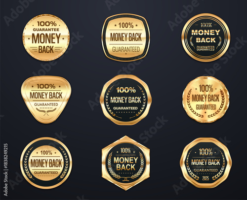 Money back guaranteed golden vector seal labels and stamps. One hundred percent Money Back Guaranteed stickers. Online shop, product packaging, certification, warranty golden labels