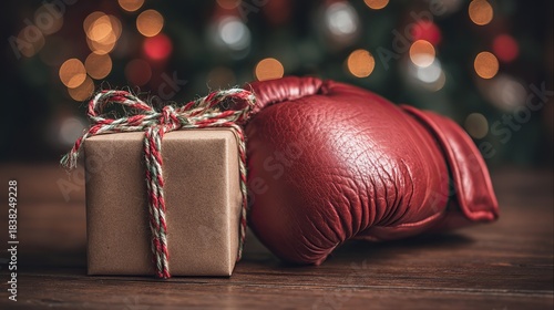 Christmas Boxing Day concept featuring a kraft paper gift box with a festive hemp rope bow beside a large red Santa Claus-shaped boxing glove, set in warm, soft holiday lighting.