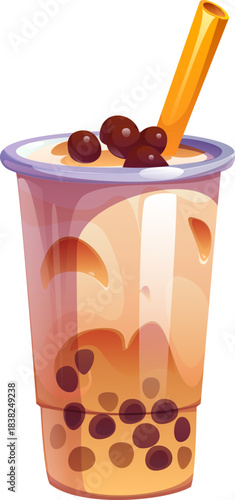 Cartoon milk bubble tea drink in glass with creamy liquid. Vector sweet beverage with black tapioca pearls and straw. Asian dessert in transparent takeaway cup with layered texture and whipped cream