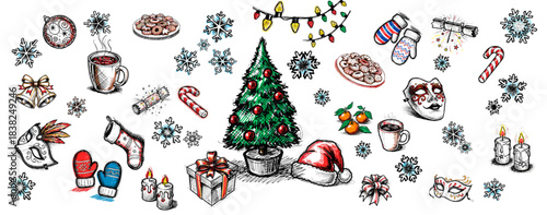 Hand-Drawn Christmas Doodle Collection with Festive Winter Objects, Tree, Gifts and Seasonal Decorations, Playful Holiday Illustration Set on White Background