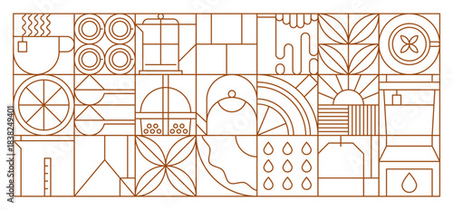 Tea drinks abstract geometric pattern of modern line shapes, vector background. Tea drinks pattern of teacup and lemon with teabag and bubble tea with drinking straw and teapot in geometric background