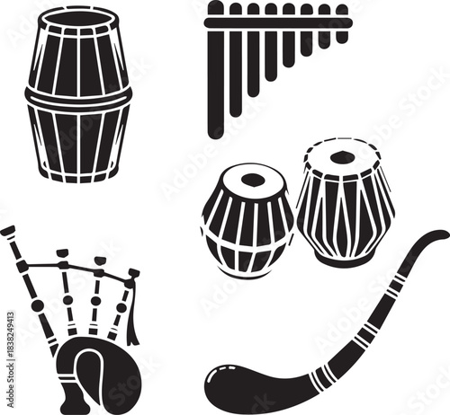 Musical Instruments and Studio Production Gear Silhouette Vector Icon Set. Mega Collection of Percussion, Brass, Woodwind, and Recording Equipment.