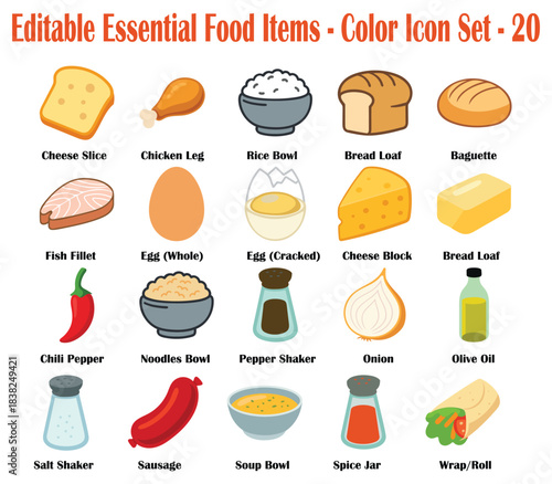 Essential Food and Ingredients Color Vector Icon Set