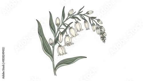 Elegant Lily of the Valley Illustration: Delicate illustration of lily of the valley, a symbol of purity and renewal, showcasing its cascading white bell-shaped flowers and slender green foliage. 