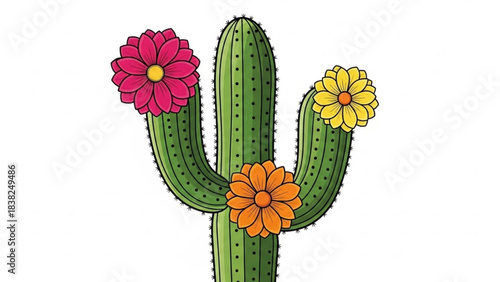 Cactus Blooming with Color: A vibrant illustration showcasing a tall cactus adorned with blooming flowers in a palette of vivid hues, an emblem of the desert's resilience and beauty.