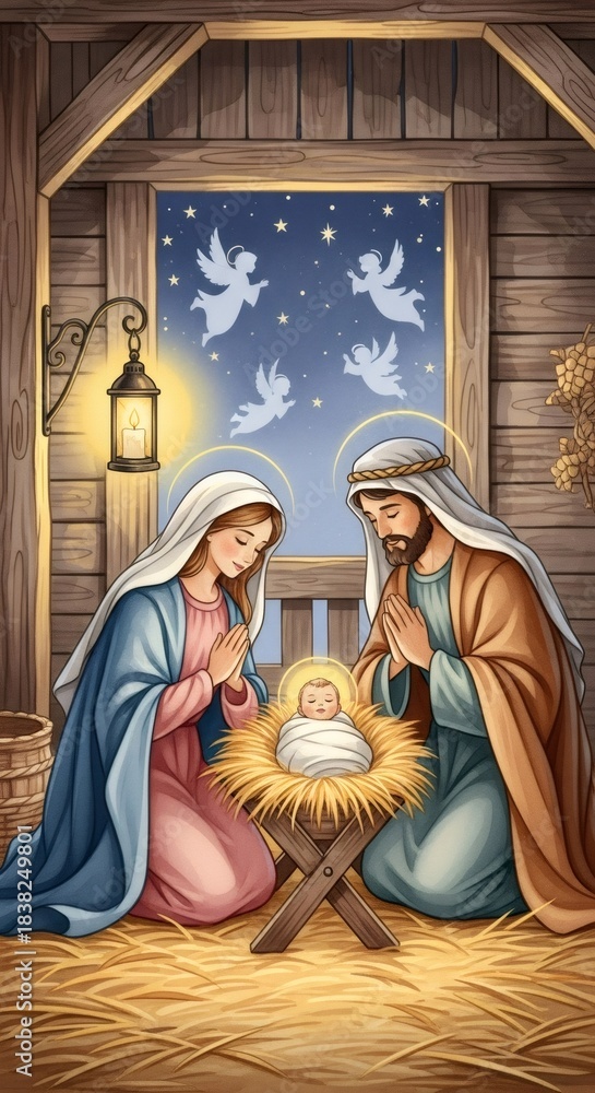 Obraz premium Woman and man kneeling to worship baby Jesus in a manger in a barn scene, with angels in the night sky. Christian Christmas nativity.