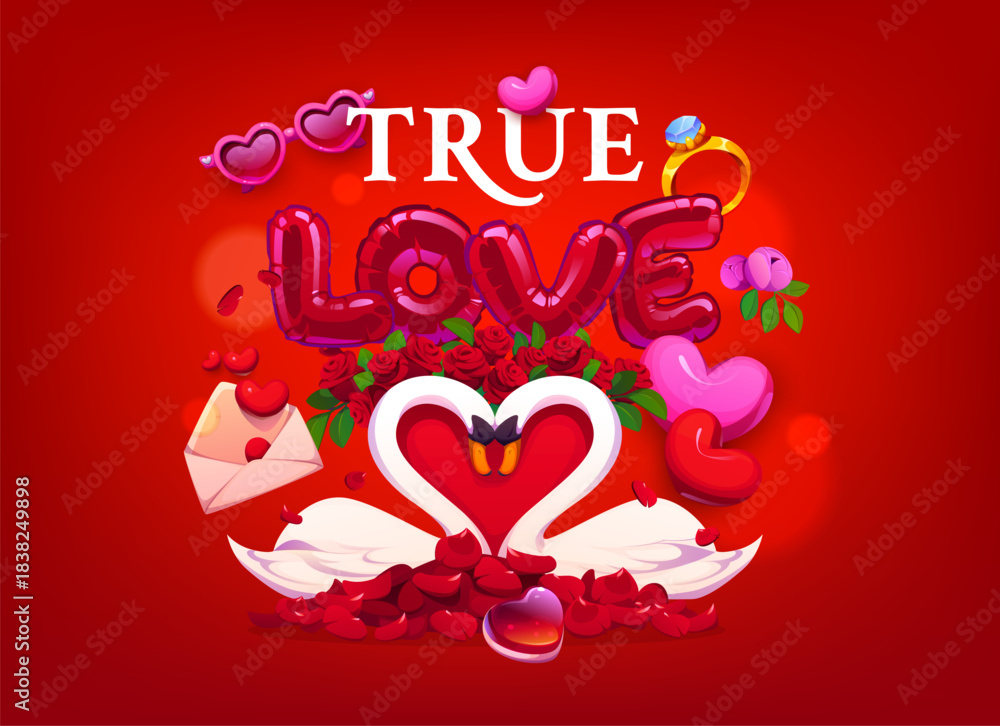 Obraz premium Valentine day greeting card quote True Love with heart of swans in love, vector background. Valentine day or love holiday greeting card with love message envelope, heart balloons and flowers petals