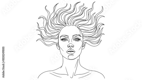 Minimalist line art drawing of a woman's face with flowing hair, expressive eyes, and parted lips.