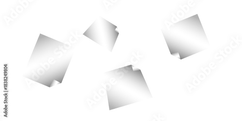 Square white sticky note paper pack, cut out. Empty oblong sticky label mockup with curl. Clear adherent tag template for glass door or wall.
