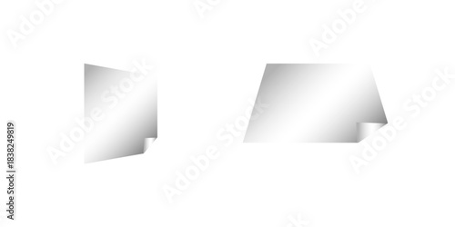 Square white sticky note paper pack, cut out. Empty oblong sticky label mockup with curl. Clear adherent tag template for glass door or wall.
