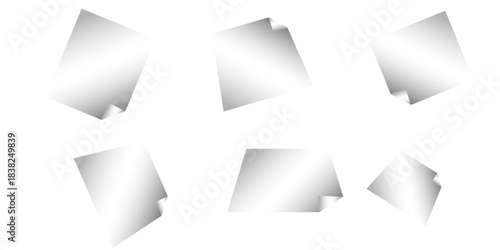 Square white sticky note paper pack, cut out. Empty oblong sticky label mockup with curl. Clear adherent tag template for glass door or wall.
