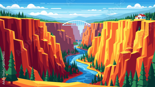 Vibrant canyon landscape with a winding river, arch bridge, and a lone house on the cliff edge.