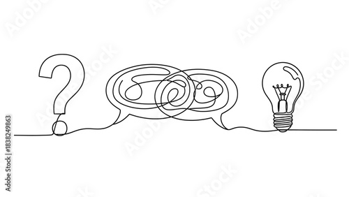 Question mark, tangled conversation, and lightbulb symbol representing problem solving and innovation in a single line art
