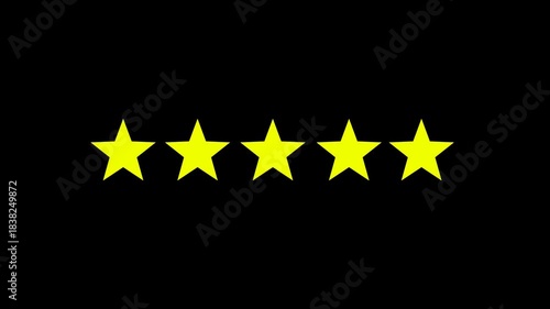 High-quality 4K animation of five glowing stars with smooth motion, isolated on transparent alpha background. Perfect for ratings, reviews, intros, achievements, and UI elements.