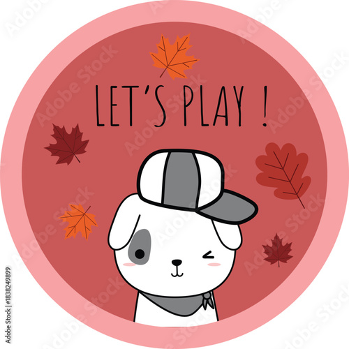 Cute Cartoon Dog Illustration "Let's Play!" with Autumn Leaves Vector