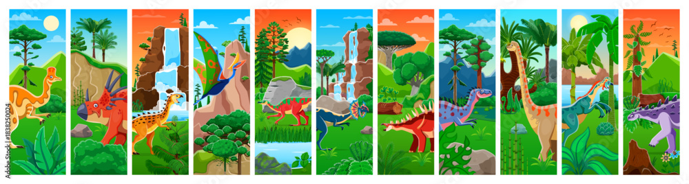 Naklejka premium Prehistoric dinosaurs collage. Cartoon jungle with colorful dino animals in tropical landscapes. Vector panorama includes waterfalls, palm trees, mountains and dinosaur species in lush environments