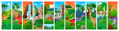 Prehistoric dinosaurs collage. Cartoon jungle with colorful dino animals in tropical landscapes. Vector panorama includes waterfalls, palm trees, mountains and dinosaur species in lush environments