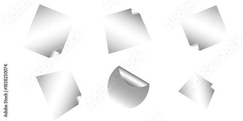 Curled page corner with shadow on transparent background collection. Blank transparent round and square adhesive stickers mock up with curved corner. Empty circle and quadratic sticky label mockup. 